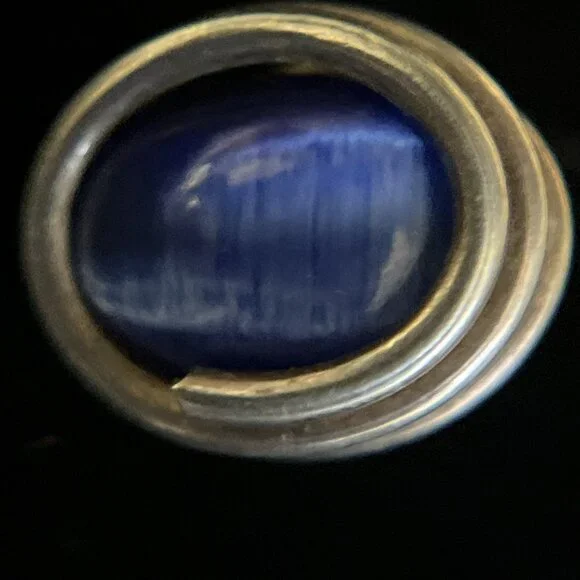 Vintage Modernist Sterling Silver Blue Cat's Eye Stud Earrings Oval Cabochon - Picture 9 of 10